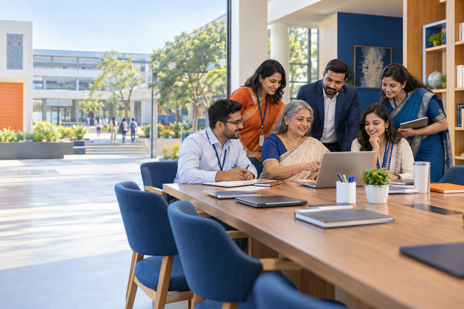 Indian school leaders and education professionals collaborating in a modern learning space